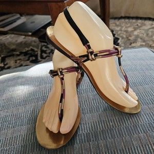 Nine West Vtg American Thong Sling Back Sandals Gold Purple Black  Women’s Sz 8